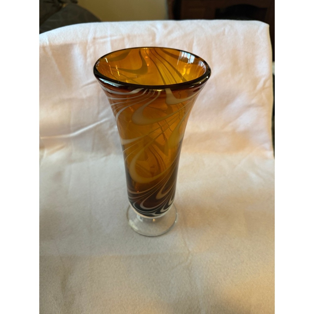 Amber Glass Vase with White Swirls Art Glass Bud Vase Home Decor - Picture 2 of 5